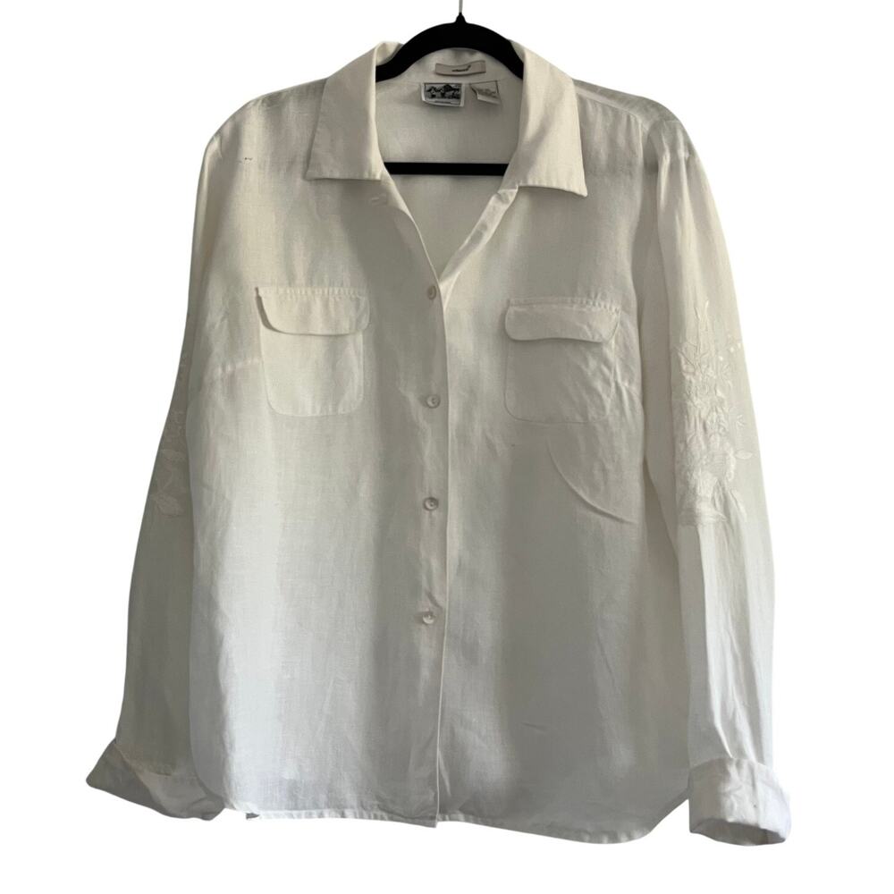 Edward Irish Linen White Button Front Shirt XL Embroidered Sleeve Coastal Boho